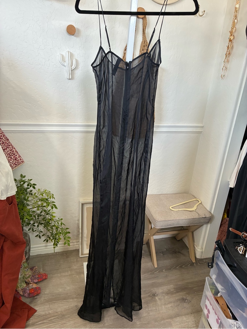 SKIMS Black Sheer Long Slip Dress with Spaghetti Straps